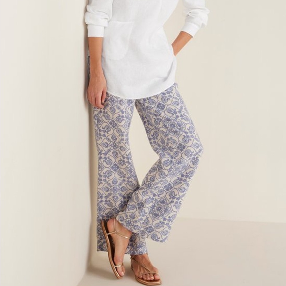 Soft Surroundings Aliso Point Linen Pants XL Cream Blue Tile Print NWOT Resort